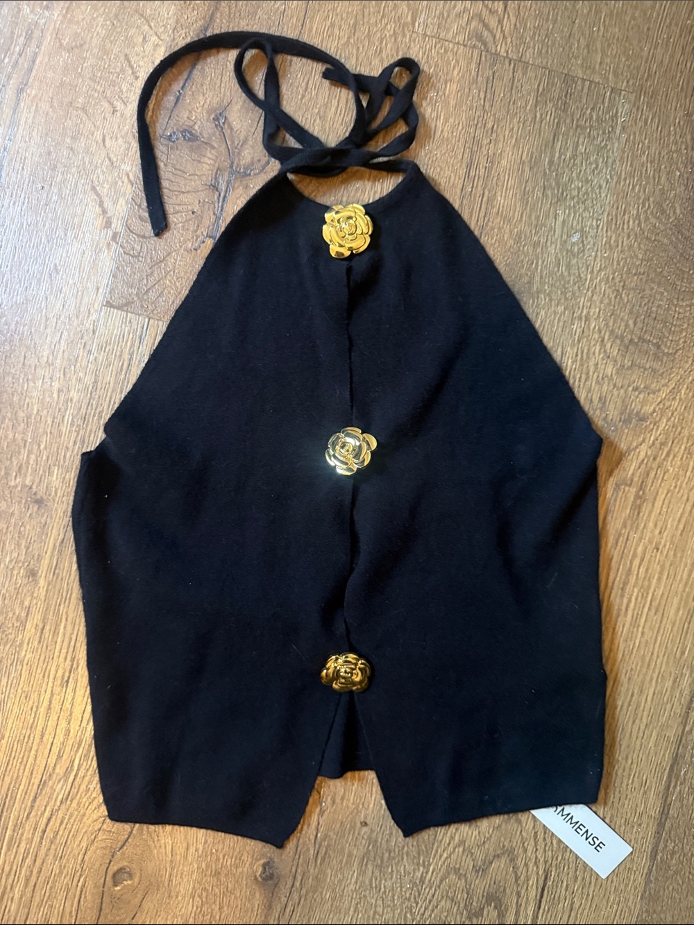 Commense Black Halter Top with Gold Flower Accents